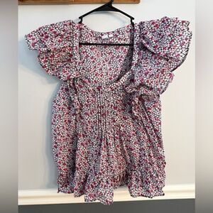 GAP 100% Cotton Floral Smocked Peplum Top Women’s Large Cotton Puff Sleeve